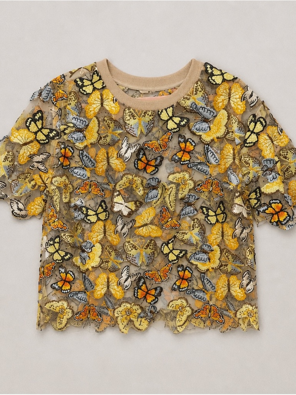 Anthropologie Sheer Butterfly Embroidered Tee in Yellow and Orange
